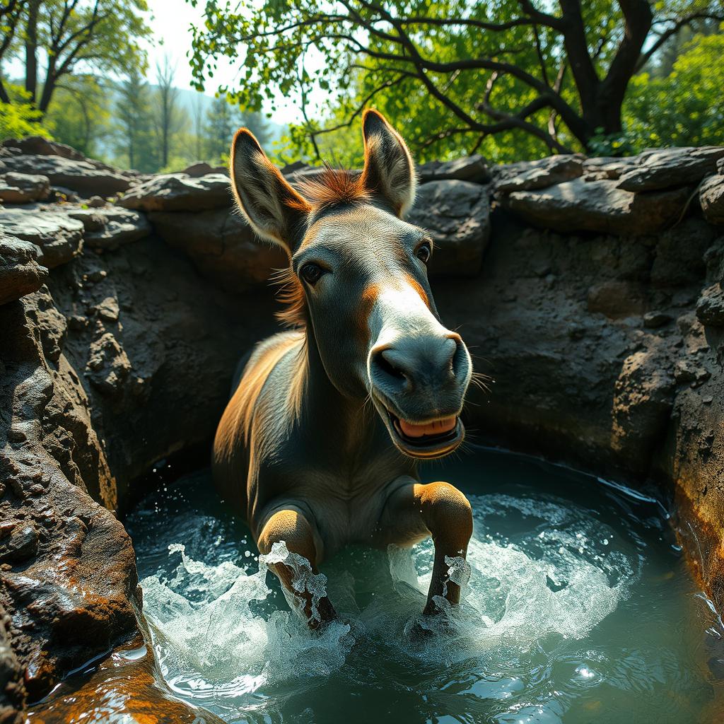 A distressed donkey trapped in a deep water well, struggling to escape