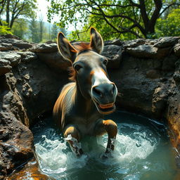 A distressed donkey trapped in a deep water well, struggling to escape