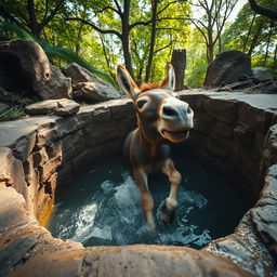 A distressed donkey trapped in a deep water well, struggling to escape