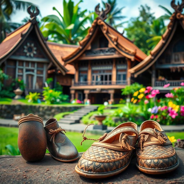 A scenic depiction showcasing traditional Indonesian shoes positioned in the foreground, with a backdrop of beautifully crafted traditional Indonesian houses (rumah adat)