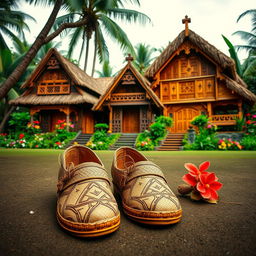 A scenic depiction showcasing traditional Indonesian shoes positioned in the foreground, with a backdrop of beautifully crafted traditional Indonesian houses (rumah adat)