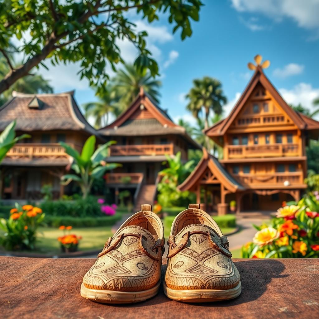 A scenic depiction showcasing traditional Indonesian shoes positioned in the foreground, with a backdrop of beautifully crafted traditional Indonesian houses (rumah adat)