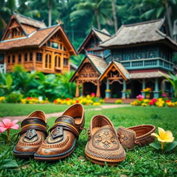 A scenic depiction showcasing traditional Indonesian shoes positioned in the foreground, with a backdrop of beautifully crafted traditional Indonesian houses (rumah adat)