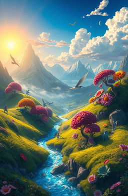 A stunning digital painting of a beautiful, imaginative world filled with vibrant colors and fantastical landscapes