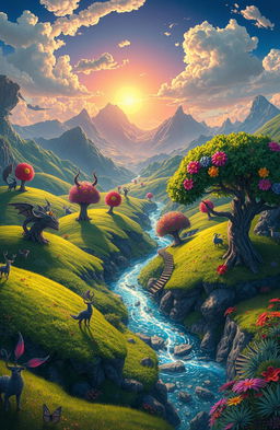 A stunning digital painting of a beautiful, imaginative world filled with vibrant colors and fantastical landscapes