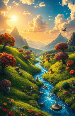 A stunning digital painting of a beautiful, imaginative world filled with vibrant colors and fantastical landscapes