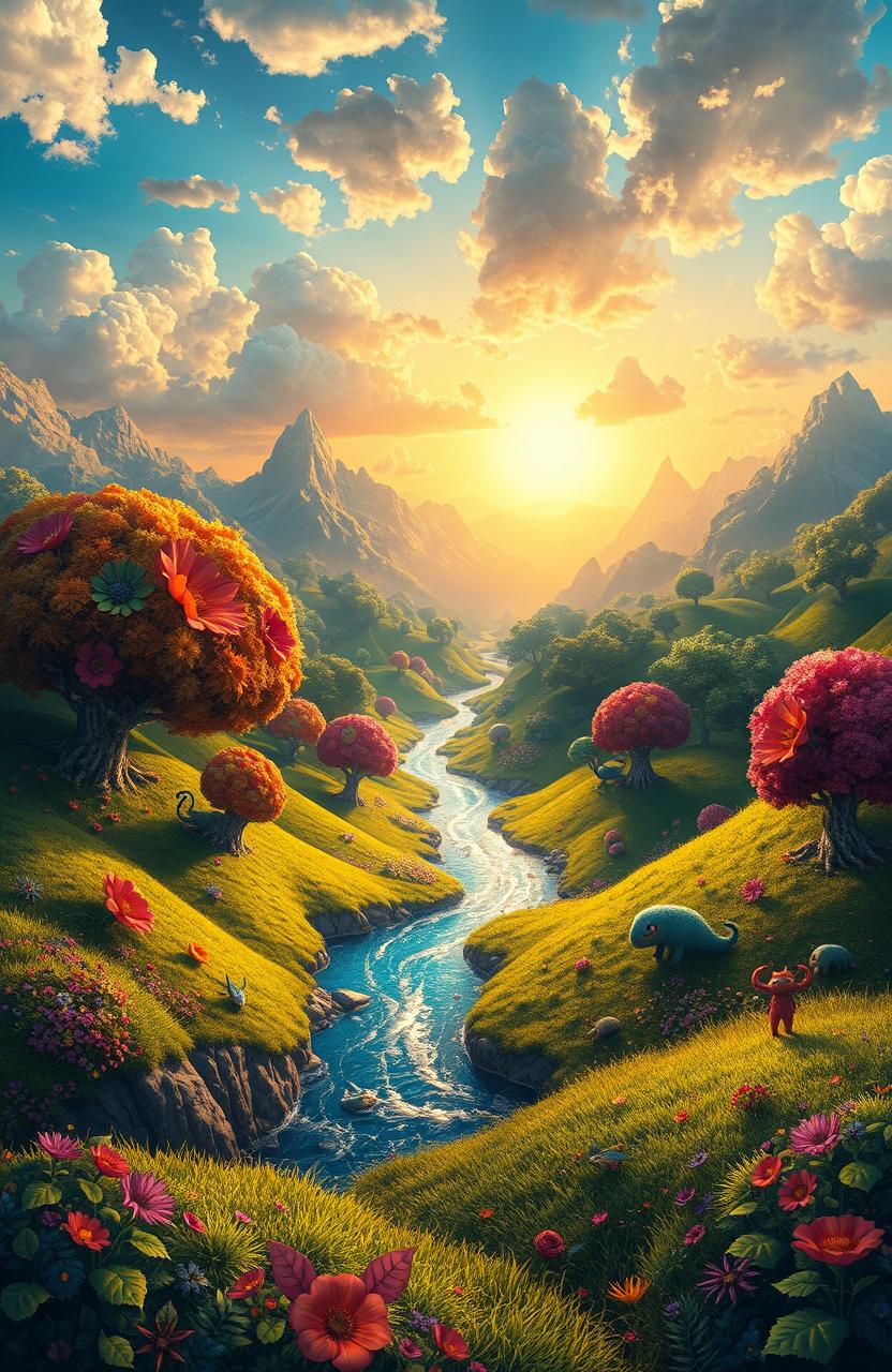 A stunning digital painting of a beautiful, imaginative world filled with vibrant colors and fantastical landscapes