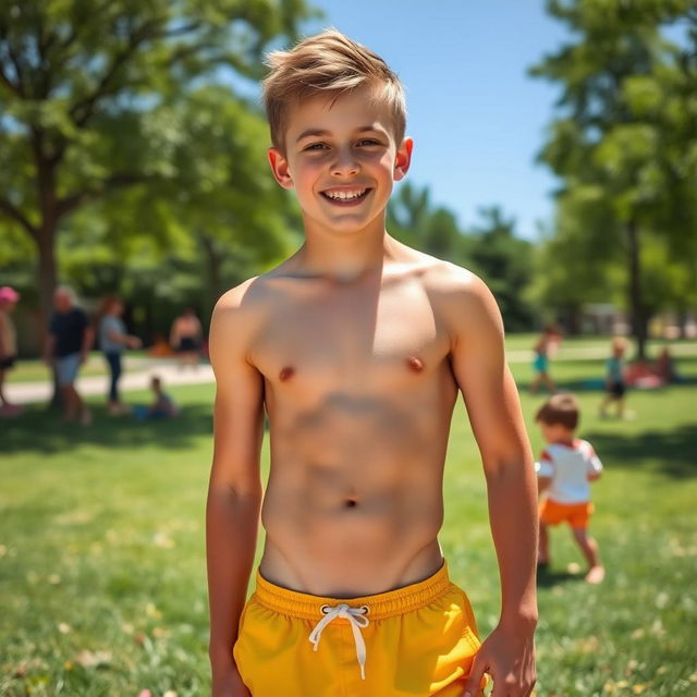 A muscular young boy with a six-pack, standing confidently in an outdoor environment on a sunny day