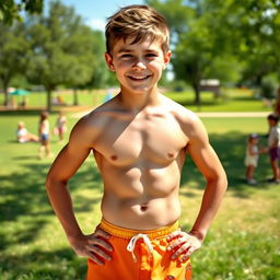 A muscular young boy with a six-pack, standing confidently in an outdoor environment on a sunny day