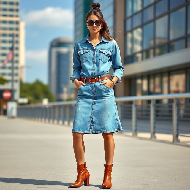 A visually stunning outfit featuring a chic denim dress styled for a casual yet fashionable look