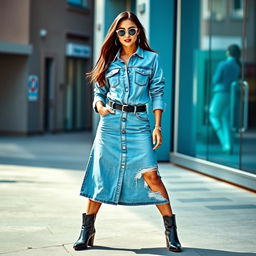 A visually stunning outfit featuring a chic denim dress styled for a casual yet fashionable look