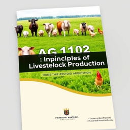 A sleek and professional cover page for a livestock production course titled 'AG1102: Principles of Livestock Production'
