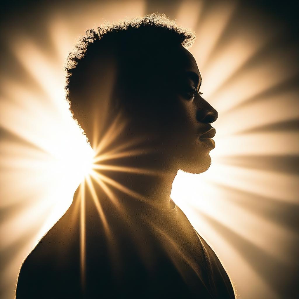 A top-quality image depicting the silhouette of a black man, enhanced with a lens flare