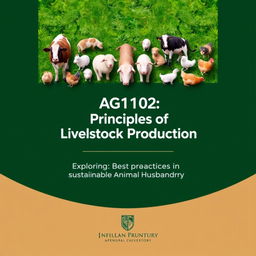 A sleek and professional cover page for a livestock production course titled 'AG1102: Principles of Livestock Production'