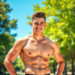 A confident, athletic young man showcasing his toned six-pack abs while standing in a sunlit park
