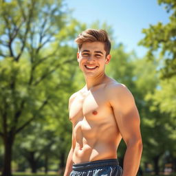 A confident, athletic young man showcasing his toned six-pack abs while standing in a sunlit park