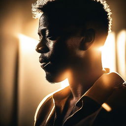 A top-quality image depicting the silhouette of a black man, enhanced with a lens flare