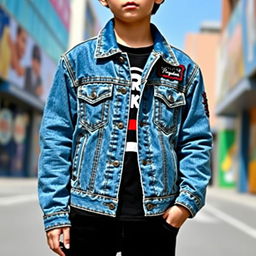 A stylish boys' denim jacket designed with a trendy, modern flair