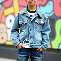 A stylish boys' denim jacket designed with a trendy, modern flair