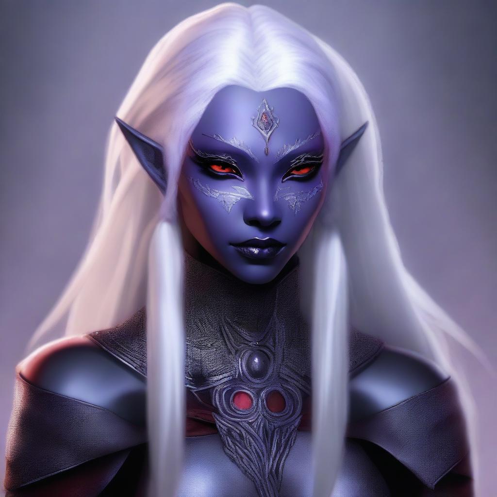 A high-quality digital art piece featuring a young drow woman