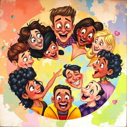 A vibrant and whimsical painting featuring eight diverse people in a circular composition, all engaged in animated interactions, looking at each other with unusual and quirky expressions