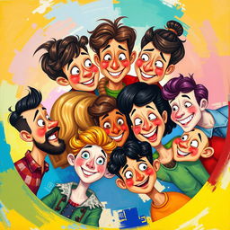 A vibrant and whimsical painting featuring eight diverse people in a circular composition, all engaged in animated interactions, looking at each other with unusual and quirky expressions