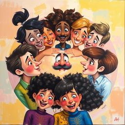 A vibrant and whimsical painting featuring eight diverse people in a circular composition, all engaged in animated interactions, looking at each other with unusual and quirky expressions