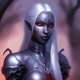 A high-quality digital art piece featuring a young drow woman