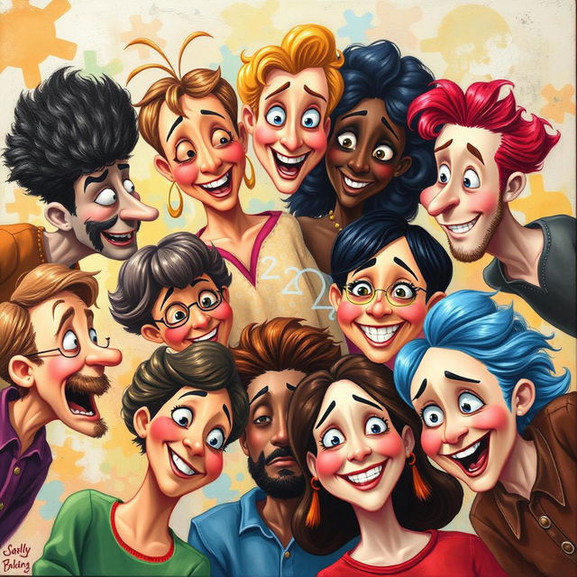 A vibrant and whimsical painting featuring eight diverse people in a circular composition, all engaged in animated interactions, looking at each other with unusual and quirky expressions