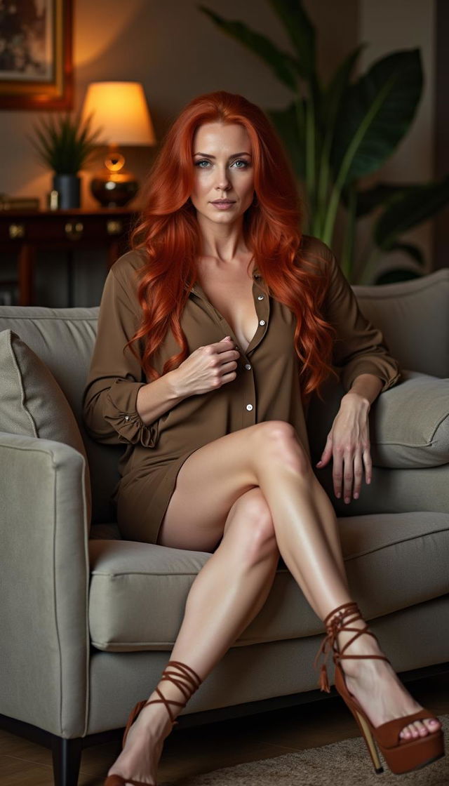 A stunning 50-year-old German redhead woman sitting comfortably on a plush couch, her long red hair cascading down her shoulders