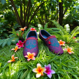 A serene scene featuring traditional Indonesian shoes, known as 'slippers' or 'sandal', placed elegantly on a natural setting