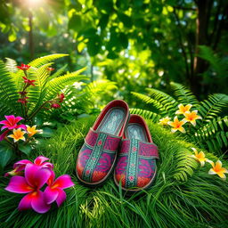 A serene scene featuring traditional Indonesian shoes, known as 'slippers' or 'sandal', placed elegantly on a natural setting