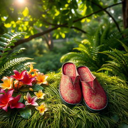 A serene scene featuring traditional Indonesian shoes, known as 'slippers' or 'sandal', placed elegantly on a natural setting