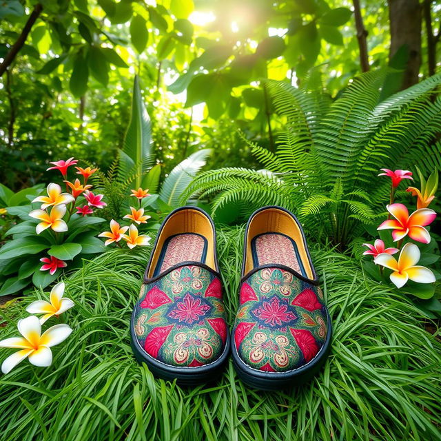 A serene scene featuring traditional Indonesian shoes, known as 'slippers' or 'sandal', placed elegantly on a natural setting