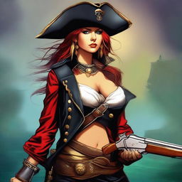 This digital art portrays a badass pirate woman, her attire reminiscent of the golden age of piracy