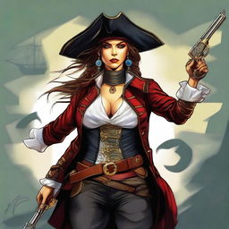 This digital art portrays a badass pirate woman, her attire reminiscent of the golden age of piracy