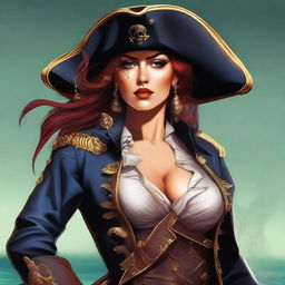 This digital art portrays a badass pirate woman, her attire reminiscent of the golden age of piracy