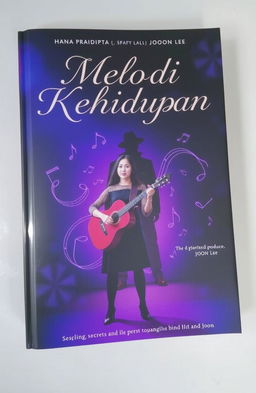 A dramatic book cover for 'Melodi Kehidupan,' featuring Hana Pradipta standing confidently with a guitar in a dimly lit room filled with musical notes swirling around her