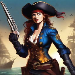 This digital art portrays a badass pirate woman, her attire reminiscent of the golden age of piracy