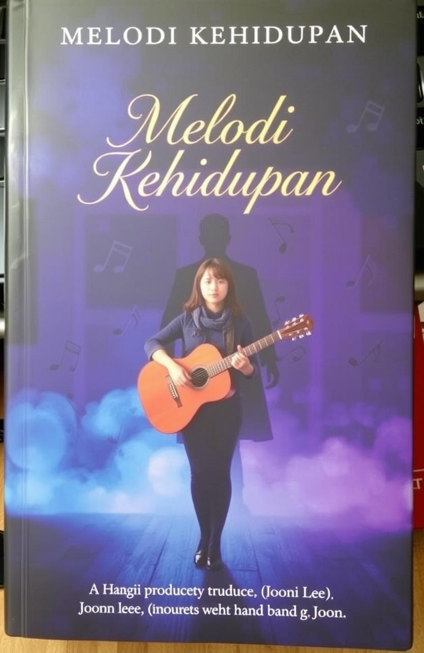 A dramatic book cover for 'Melodi Kehidupan,' featuring Hana Pradipta standing confidently with a guitar in a dimly lit room filled with musical notes swirling around her