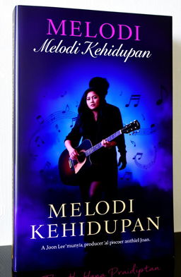 A dramatic book cover for 'Melodi Kehidupan,' featuring Hana Pradipta standing confidently with a guitar in a dimly lit room filled with musical notes swirling around her