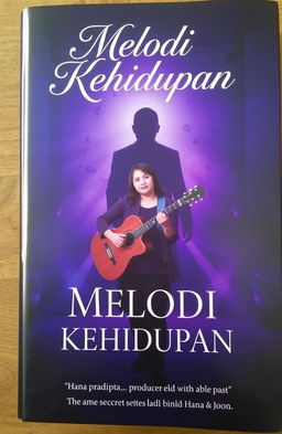 A dramatic book cover for 'Melodi Kehidupan,' featuring Hana Pradipta standing confidently with a guitar in a dimly lit room filled with musical notes swirling around her