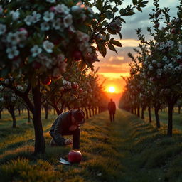 A mysterious murder scene set in a picturesque apple orchard, featuring rows of blossoming apple trees, their vibrant pink and white flowers contrasting against the lush green leaves