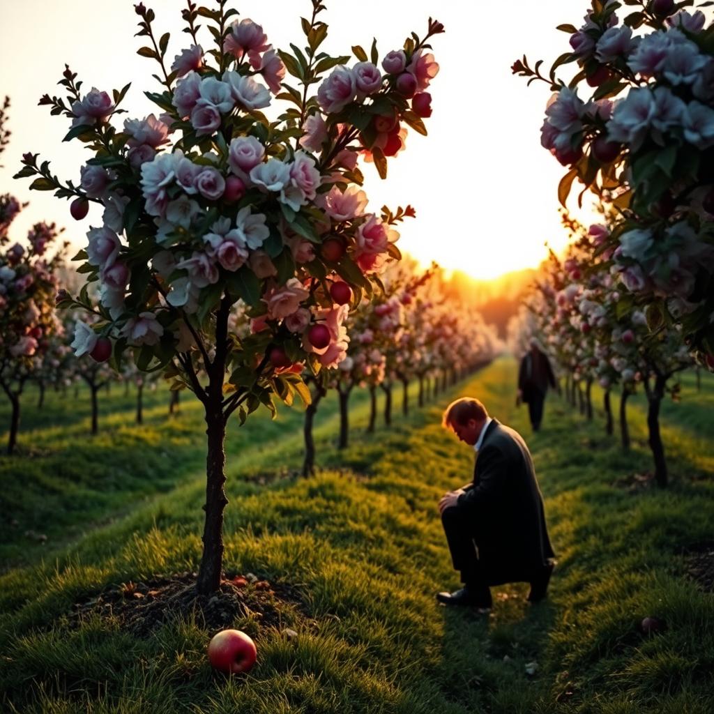 A mysterious murder scene set in a picturesque apple orchard, featuring rows of blossoming apple trees, their vibrant pink and white flowers contrasting against the lush green leaves