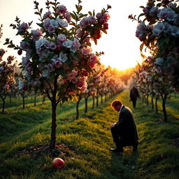 A mysterious murder scene set in a picturesque apple orchard, featuring rows of blossoming apple trees, their vibrant pink and white flowers contrasting against the lush green leaves