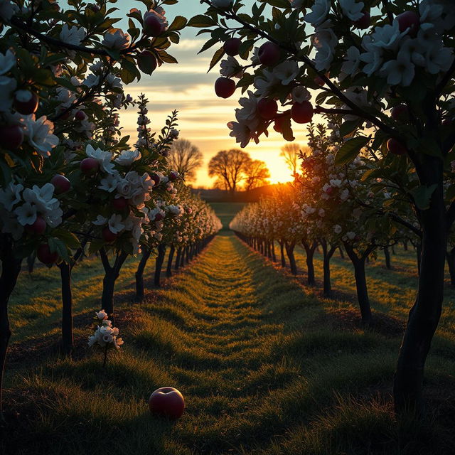 A mysterious murder scene set in a picturesque apple orchard, featuring rows of blossoming apple trees, their vibrant pink and white flowers contrasting against the lush green leaves