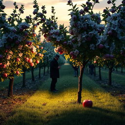A mysterious murder scene set in a picturesque apple orchard, featuring rows of blossoming apple trees, their vibrant pink and white flowers contrasting against the lush green leaves