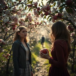A captivating murder mystery scene in a vibrant apple orchard, where the sunlight filters through the branches of blossoming apple trees, with delicate pink and white flowers
