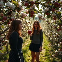 A captivating murder mystery scene in a vibrant apple orchard, where the sunlight filters through the branches of blossoming apple trees, with delicate pink and white flowers