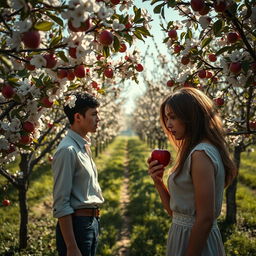 A captivating murder mystery scene in a vibrant apple orchard, where the sunlight filters through the branches of blossoming apple trees, with delicate pink and white flowers